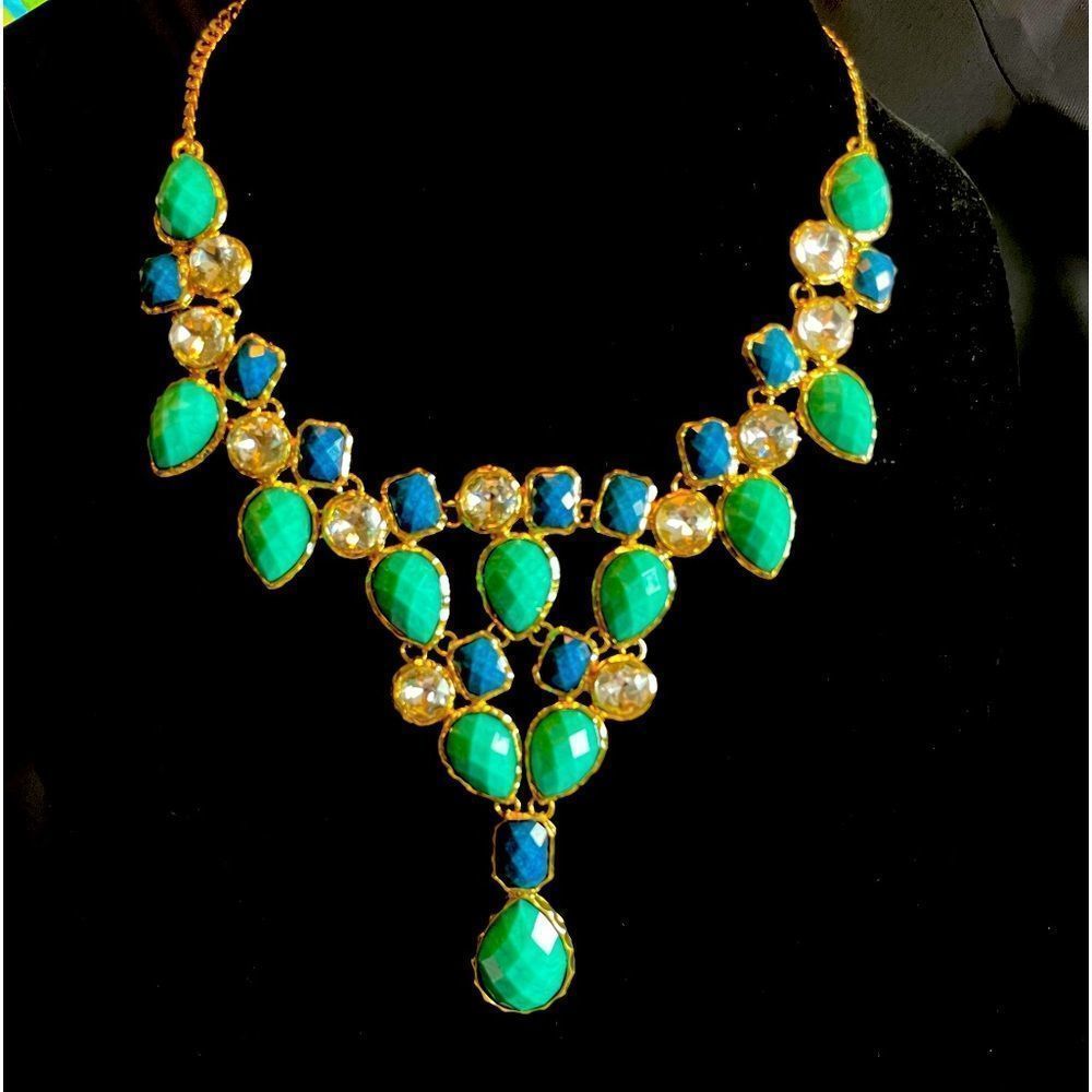 Amrita Singh Statement Bib Necklace Blues Greens Gold 16-18” (152)